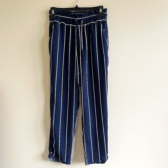Zara TRF Striped Straight Leg Crop Trousers Drawstring Waist Womens Size XS Navy - Picture 2 of 9